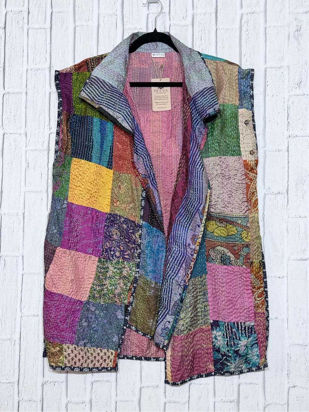 🌸 SéVya Handmade Silk Kantha Patchwork Long Vest NWT One Size